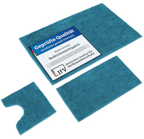 WohnDirect Badematten & Badteppiche Set 3teilig Petrol • WC Vorleger mit Ausschnitt 45x45 + Badematte rutschfest 50x80+70x120 groß • Badvorleger rutschfest waschbar • Badezimmerteppich ÖkoTex