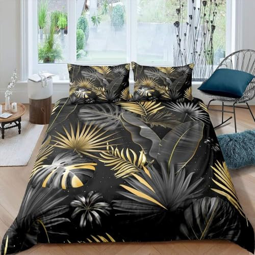 Palm Leaves Duvet Cover King Size,Tropical Bedding Set for Teens Child Young,Botanical Jungle Comforter Cover Set,Plant Tree Leaf Weed Decor Quilt Cover Pastoral Style Bedroom Decor Gold Gray Black