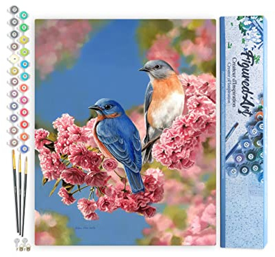Figured'Art Pintar por Numeros Adultos Pareja de pájaros azul - Manualidades pintura acrilica Kit Cuadro DIY completo - 40x50cm sin bastidor