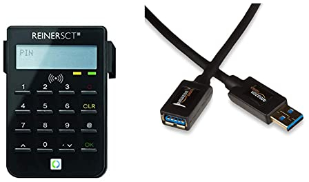 Reiner SCT cyberJack RFID Chip-Kartenlesegerät Standard | Generator für Online-Banking (HBCI/FinTS/EBICS); Elster & Amazon Basics USB 3.0-Verlängerungskabel A-Stecker auf A-Buchse, 2 m