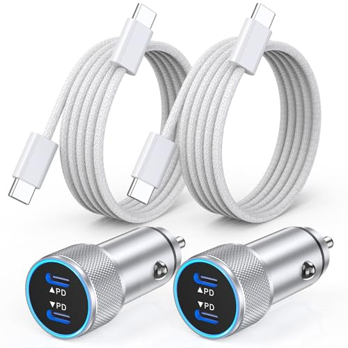 iPhone 17 Car Charger,2Pack Dual Port USB C Fast Car Charger Type C Rapid Charging Adapter with 2Pack USB C to C Nylon Braid Cable Woven Cord Fast Charging for iPhone 17/17 Pro/16/16 Pro Max/iPad