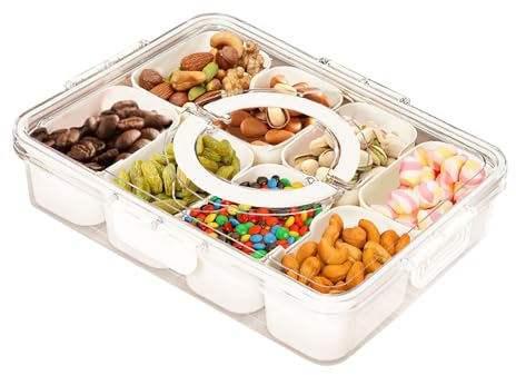 Longzhuo Divided Serving Tray with Lid and Handle, Portable Food Storage Container, Snack Tray 8 Removable Compartment Box Clear Organizer for Veggie, Candy, Fruit, Snacks