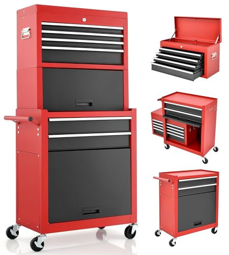 GiantexUK 2 in 1 Lockable Metal Tool Chest with Removable Top Cabinet, Wheels, 5/6 Drawers, Pegboard & Hooks, Heavy-duty Rolling Tool Box Trolley (with Middle Toolbox, Black+Red)