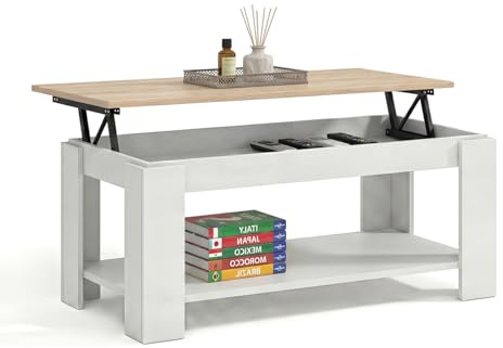 duehome | Mesa de Centro Elevable, Mesa Auxiliar, Modelo LYA, Acabado en Color Blanco Artik y Roble Canadian, Medidas: 102 cm (Largo) x 50 cm (Ancho) x 43-54 cm (Alto)