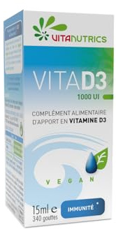 Vitanutrics - VITAD3 1000 UI Vegan - Vitamine D3 - Immunité, Dentition, Ossature - Formule Hautement Concentrée, 100% d'Origine Naturelle - Fabriqué en France - Flacon Goutte 15ml