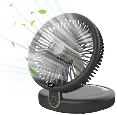 SLuB USB Ventilator, 120° Automatisch Oszillierender USB-Lüfter, LED-Beleuchtung, 6 Windgeschwindigkeiten, Wiederaufladbarer, leiser Ventilator, Geeignet für Haus, Büro, Outdoor (Schwarz)