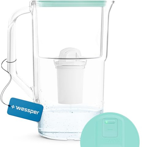 Wessper Wasserfilter Kanne Filterkanne 2,8L mit manueller Filterverschleißanzeige, Wasserfilterkanne Tischwasserfilter Moderne Water Filter Jug Reduziert Chlor Kalk Schwermetalle – Minze