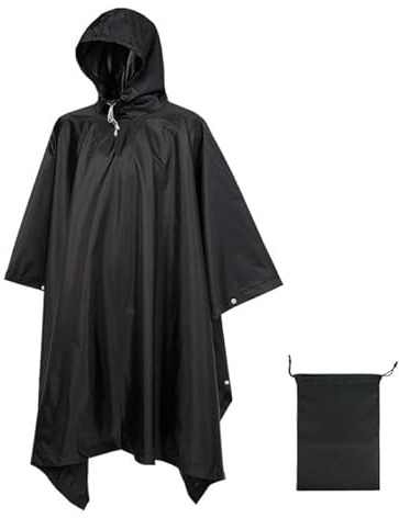 Schwarz Regenponcho - Wasserfest, Regencape, Damen & Herren, Outdoor & Wanderausflüge