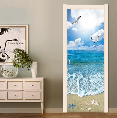 FLFK 3D Spiaggia del sole sull'oceano Adesivi per porte Stacca e attacca 85x215cm(Set di 2 fogli)- Carta da parati autoadesiva per pareti e porte poster per la camera da letto