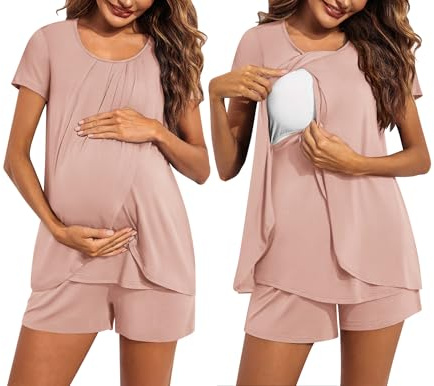 Ekouaer Women's Maternity Nursing Pajamas Set Breastfeeding Sleepwear Double Layer Short Sleeve Top & Shorts Nursing Pjs Pink M