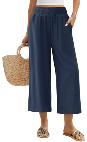 UMIPUBO Women Trousers 3/4 Summer Cotton Linen Cropped Pants Wide Leg Palazzo Casual Elasticated High Waist Beach Loose Fit Ladies Bottoms with Pockets Work Yoga Holiday (Navy, L)