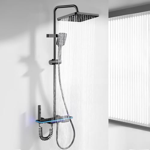 YJYAJIE Colonne De Douche Avec Mitigeur, SystèMe De Douche Avec Douche à Effet Pluie 31x20cm, Bec De Baignoire Caché, Affichage Digital Led, Douchette à Main à Hauteur RéGlable Pour La Salle De Bain