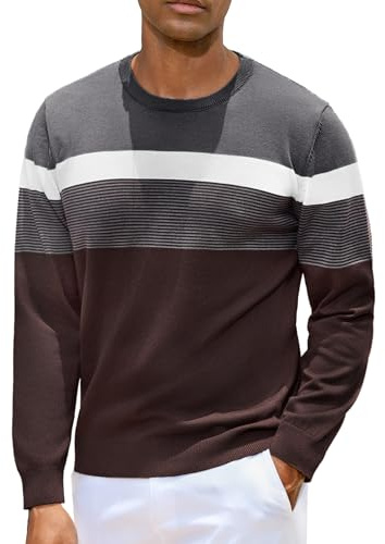 iClosam Suéter de Cuello Redondo a Rayas para Hombre, Suéteres de Punto de Algodón de Manga Larga, Clásico Hombre Jersey de Cuello Redondo,Estilo Moderno para Oficina y Vida Diaria, marrón, M