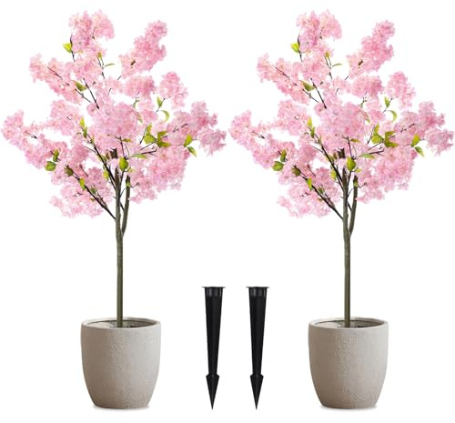 Yunlly 2 Pcs Artificial Cherry Blossom Tree 5 Ft Faux Outdoor Plant Flowers with Spike Realistic UV Resistance Fake Floral Blooming Bush for Indoor Outdoor Front Door Porch Garden Wedding Decor