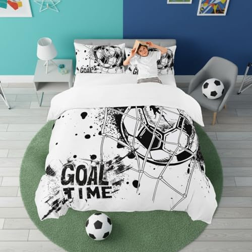 Homewish Juego de ropa de cama de microfibra suave con 2 fundas de almohada, diseño de fútbol, color negro y blanco
