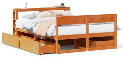 Mandloder Massivholzbett Wachsbraun 135x190 cm Kiefernholz, Bettrahmen mit 4 Schubladen und Kopfteil, Robustes Vollholzbett für Schlafzimmer, langlebiges Design