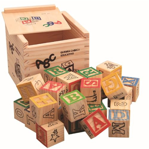Mattoncini Da Costruzione 'alfabeto - Scatola Didattica In Legno Da 27 Pezzi, Lettere Inglesi Stampate | Giocattolo Per L'educazione Precoce Numeri Animali Frutta Giochi Di Parole Per Bambini In E