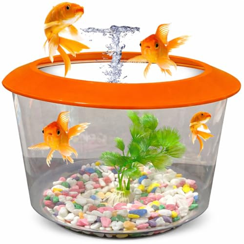 Pet Guru Premium Crystal Clear Fish Bowl Aquarium with Lid, Decorative Gravel and Plant Included, Durable Plastic, Perfect for Goldfish (Random)