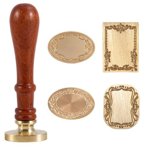 5 Pièces Kit Sceau de Cire, Cachet Cire Mariage avec Manche Bois | Tampon Cire avec 4 Têtes Laiton Interchangeables, Manche Bois, Idéal Enveloppes, Faire-Part Mariage et Créations DIY