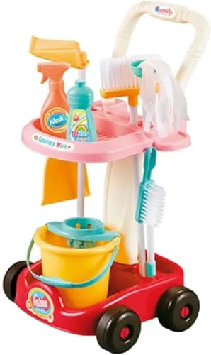 MSQUARE Mini Cleaning Trolley Playset, Realistic Broom, Mop, Bucket, Dustpan, Vibrant Colour, Compact & Lightweight, Educational & Pretend Play, Promote Hand-Eye Coordination