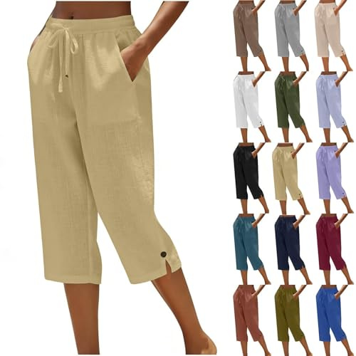 Pantaloni Capri Donna Larghi Estivi Cotone e Lino Pantalone 3/4 Larghi Leggeri Comodi Pinocchietto Elegante Bermuda Donna Estivi Pinocchietti Spiaggia Pantaloncini con Coulisse (Light Yellow, S)