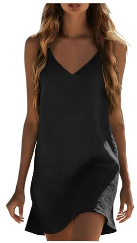 Générique Robe Femme Coton Et Lin Été Bretelles Spaghetti de Plage Robes Décontractée Vacances & Lounge-Robe Longue Légère pour Femme