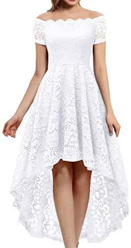 Dressystar Women's Lace Cocktail Dress Hi-Lo Off Shoulder Bridesmaid Swing Formal Party Dress 0042 White S