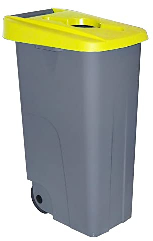 Contenedor de Residuos Reciclo 85L Amarillo con Tapa Abierta y Ruedas – Plástico Resistente, Encajable, Asa Ergonómica, Ideal para Reciclaje y Colectividades | Denox