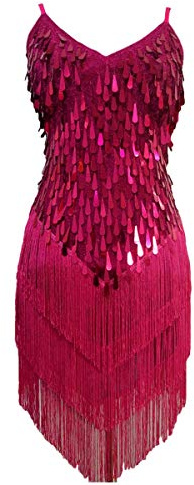 Grouptap Womens flapper gatsby sequin tassel ballroom dance sling skirt pink red latin salsa tango samba cha cha rumba dress size 6/8/10/12 (Pink, UK 6-12)