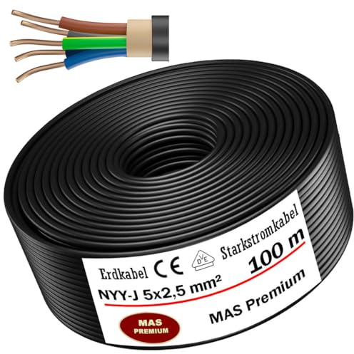 MAS Premium Erdkabel Stromkabel 5-125m NYY-J 5x1,5, 2,5, 4, 6, 10 oder 16 Elektrokabel Ring zur Verlegung im Freien, Erdreich (NYY-J 5x2,5 mm², 100m)