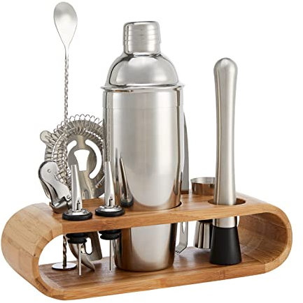 Amazon Basics strumenti da bar in acciaio inox con stand in bambù, confezione da 10