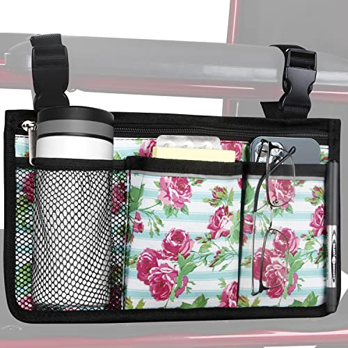 HSGEZUOQI Wheelchair Side Bag, Upgrade Flower Color Armrest Storage Pouch with Cup Holder and Reflective Strip Use of Waterproof Fabric, for Most Wheelchairs, Walkers or Rollators (White Floral)