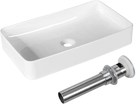 COSTWAY Vasque à Poser en Porcelaine Blanc, Lavabo Salle de Bain 60 x 35 x 11 cm, Lavabo Céramique Rectangulaire avec Vidange Escamotable, pour Maison, Restaurant, Hôtel