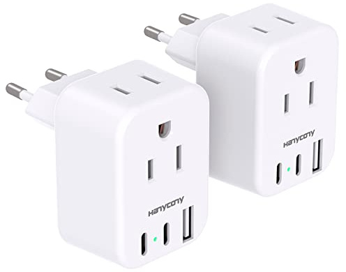 European Travel Plug Adapter for International, HANYCONY Italy Spain Power Adapter 2 Outlets 2 USB C Ports, Type C Adapter Travel Cruise Essentials for US to Most Europe France Germany EU, 2 Pack