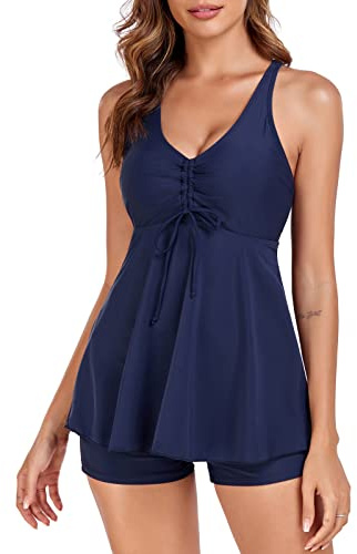FLYILY Dam tvådelad baddräkt blommigt tryck tankini push up magkontroll bantning tankini med pojkshorts, Marin, L