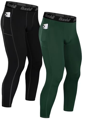 Runhit Compression Pants Men with Pocket Running Tights Leggings Workout 2 Pack Black Green Medium