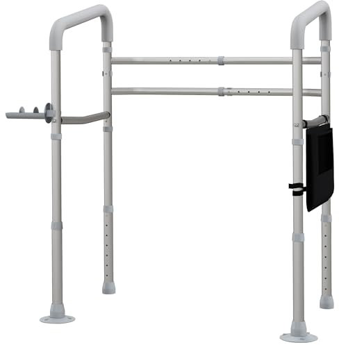 HOMCOM Freestanding Toilet Frame, 136kg Max Load Toilet Safety Frame with Adjustable Height and Width, Arms, 2 Suction Cups, Storage for Elderly, Senior, Disabled, Handrail Grab Bar,