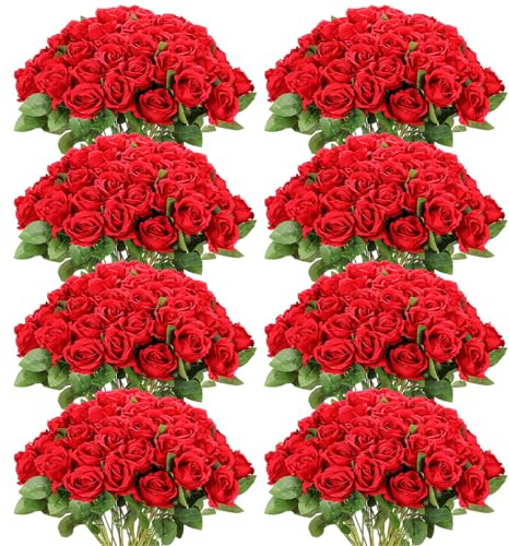 Hotop 120 Pcs Roses Artificial Flowers in Bulk,Long Stem Artificial Flower Bouquet,Silk Real Lifelike Fake Rose for Wedding Party Table Centerpieces Decor Valentines Gifts(Red)