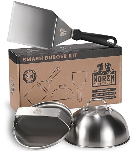 Norzn Brothers® Smash Burger Kit – Incl. Smash Burger Press, BBQ Spatula, Metal Cloche, Grill Press, Meat Press, Burger Smasher Press, 304 Stainless Steel, Food-Grade Material, 10-Year Warranty