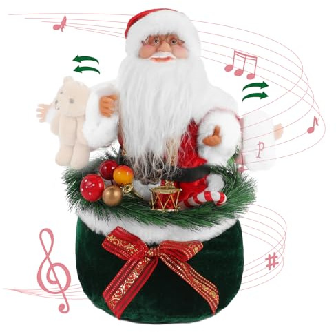 Gfilay Figura decorativa di Babbo Natale, figura da collezione che balla Babbo Natale con musica che tiene l'orso e in piedi all'interno del sacchetto regalo, interruttore a induzione