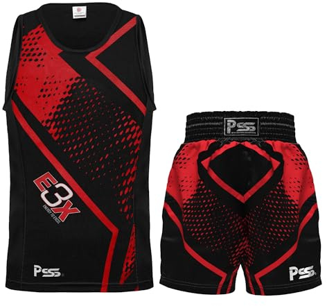 PSS Boxningsuniform kort och väst (tvådelad) – professionell träning och sparring Fight Boxing Competition Gear Lätt, andningsbart och fukttransporterande tyg för pojkar och flickor, Röd, 13-14 Years