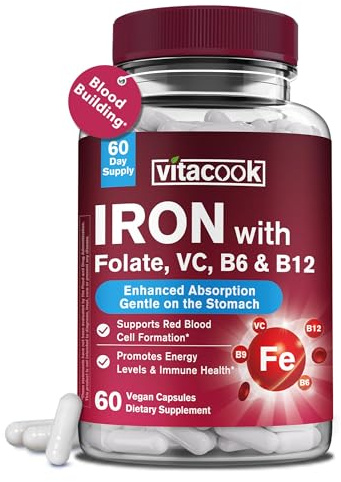 Vitacook Iron Supplement for Women & Men, Iron Bisglycinate with Vitamin C, B6, B12, Folate, Stomach Friendly, Non-Constipating, Blood Health & Energy Boost, 60 Vegan Caps