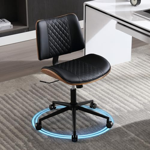 BERYTH Bürostuhl ohne Armlehne Schreibtischstuhl Leder Holz Modern Homeoffice Chair Wippfunktion bis 136 kg Belastbar Höhenverstellbar 360° Drehstuhl für Arbeitszimmer Schlafzimmer Heimbüro Schwarz