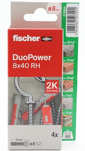 fischer - Duopower 8x40 Con Hembrilla Abierta- 2U, Tacos para pared multimaterial, sirven para Colgar Bicicletas, Cuadros, Armarios, Soportes de Televisión, Estanterías, Muebles.