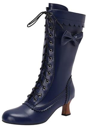 Xbemkste Botas tradicionales para mujer, estilo victoriano, con cordones, medievales, de becerro medio, vestido de boda, elegantes, botas largas de invierno, azul, 37 EU