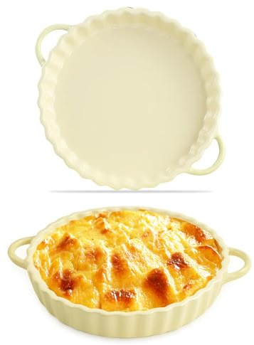 Jinfanshurich Keramik Tarteform Rund 26 cm mit Griffen, Quicheform & Auflaufform für Tarte, Pie, Kuchen & Aufläufe, Ofenfest, Mikrowellen- & Spülmaschinengeeignet, Antihaftbeschichtet (Beige-Gelb)