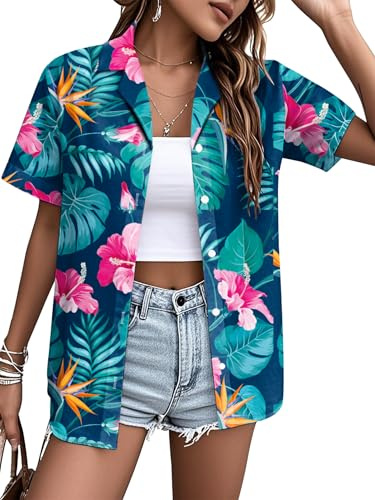 VVNTY Hawaiian Shirts for Women Floral Print Button Down Tshirt Tropical Summer Beach Holiday Blouse