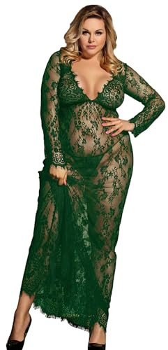 comeondear Femme Nuisette Sexy Longue Col V Grande Taille Robe De Nuit à Manches Longues Blanche Dentelle Transparent Robe Maternité String