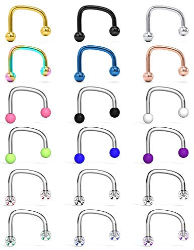 Lcolyoli 16G Surgical Steel Lip Hoop Rings C-Shaped Barbell Monroe Labret Medusa Piercing Jewelry for Women Men 18 Pieces Silver-Tone Rose Gold Black