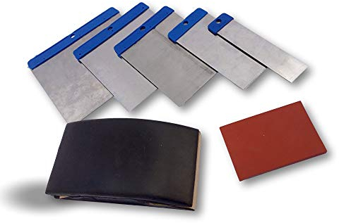 Trousse couteaux de carrossier | 5 spatules japonaises pour mastic enduit + mini cale caoutchouc + cale caoutchouc à poncer carrosserie | Acier poli | Largeurs 25-50-80-100-120 mm | Kibros W116_div